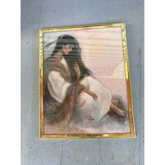 Rare VTG Judy Mastrangelo Foil Art Print Maiden & Moon Framed 8x10" Native Girl - Picture 10 of 10